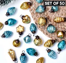 Turquoise and Golden Tiny Christmas Ornaments In Assorted Styles Set of 50 Pcs